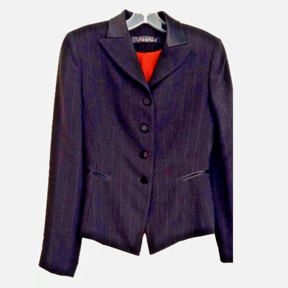 Tahari Tuxedo Style Blazer Sz 2 Black Pinstripe 4 Button Red Satin Lined - Picture 8 of 13